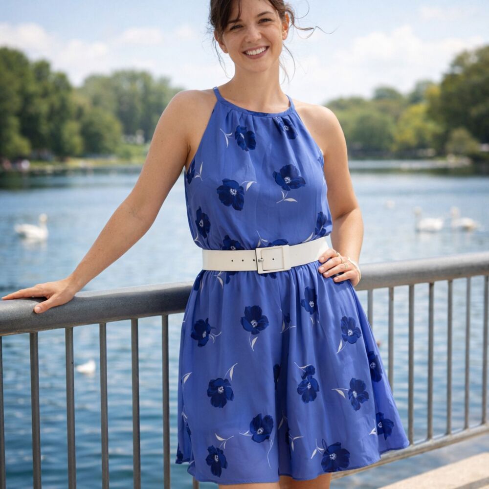 Banana Republic Chiffon Halter XS S Blue Floral Wedding Guest Keyhole Sun Dress
